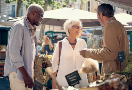 Illustration de retraités en discussion au marché