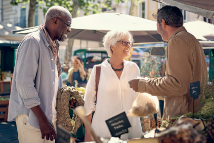 Illustration de retraités en discussion au marché